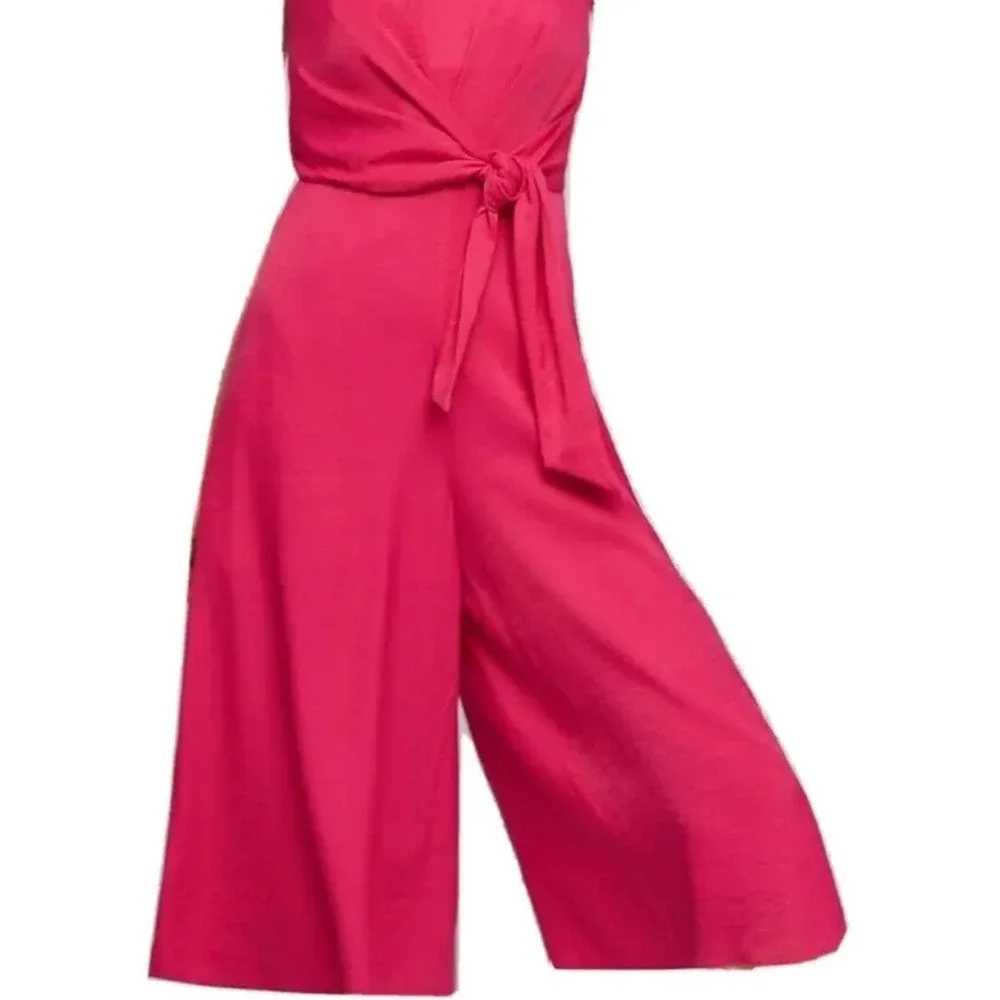 Anthropologie Galatea Strapless Tie Front Wide Leg Jumpsuit Fuchsia Pink Culotte - Picture 3 of 16